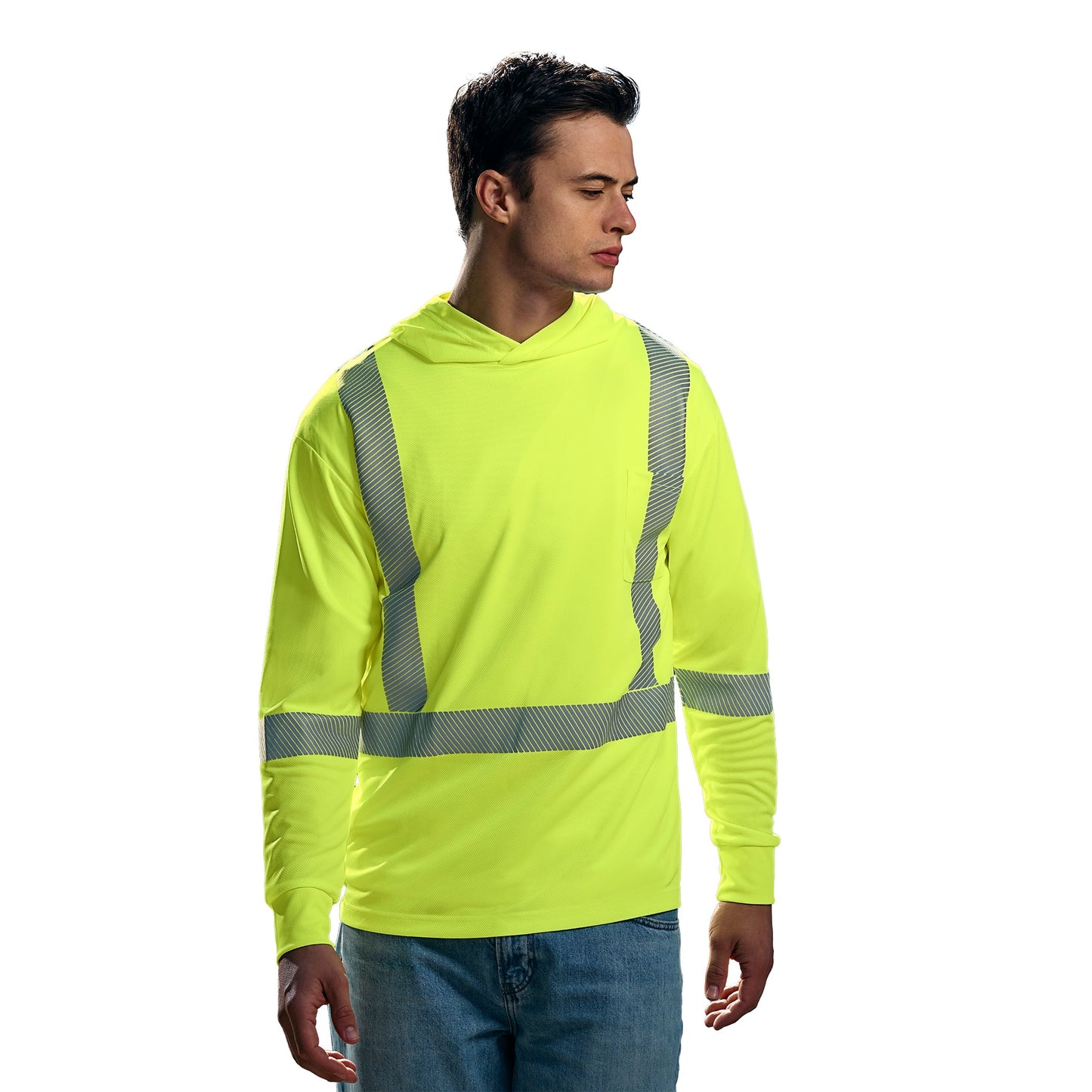 S05985 - GLOW - Long Sleeve Hi-VIS Hooded T-Shirt with Segmented Stripes